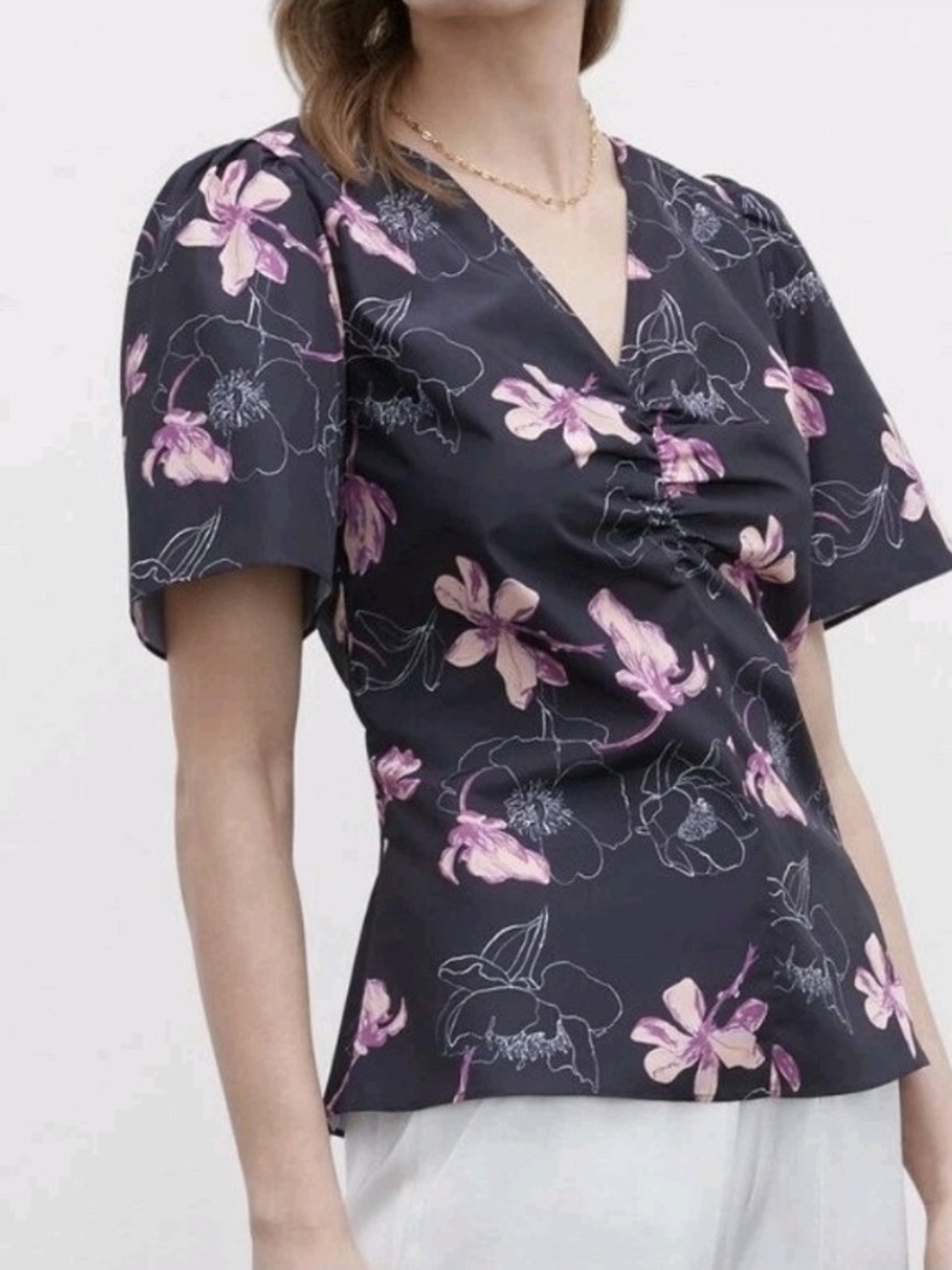 Club Monaco Floral V-Neck Short Sleeve Top in Black with Pink Flowers